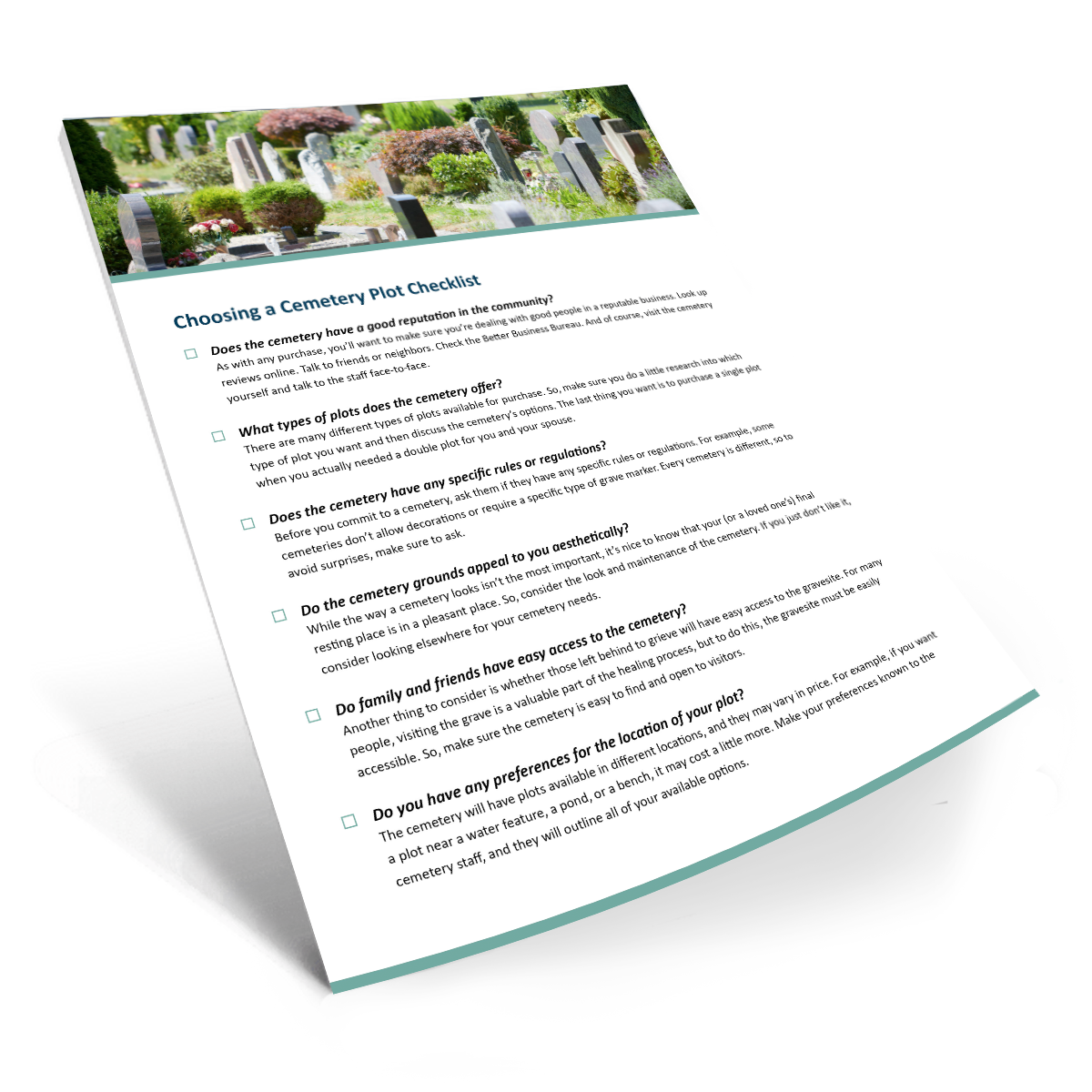 Curved brochure page with a green garden header and a bulleted list on a white background