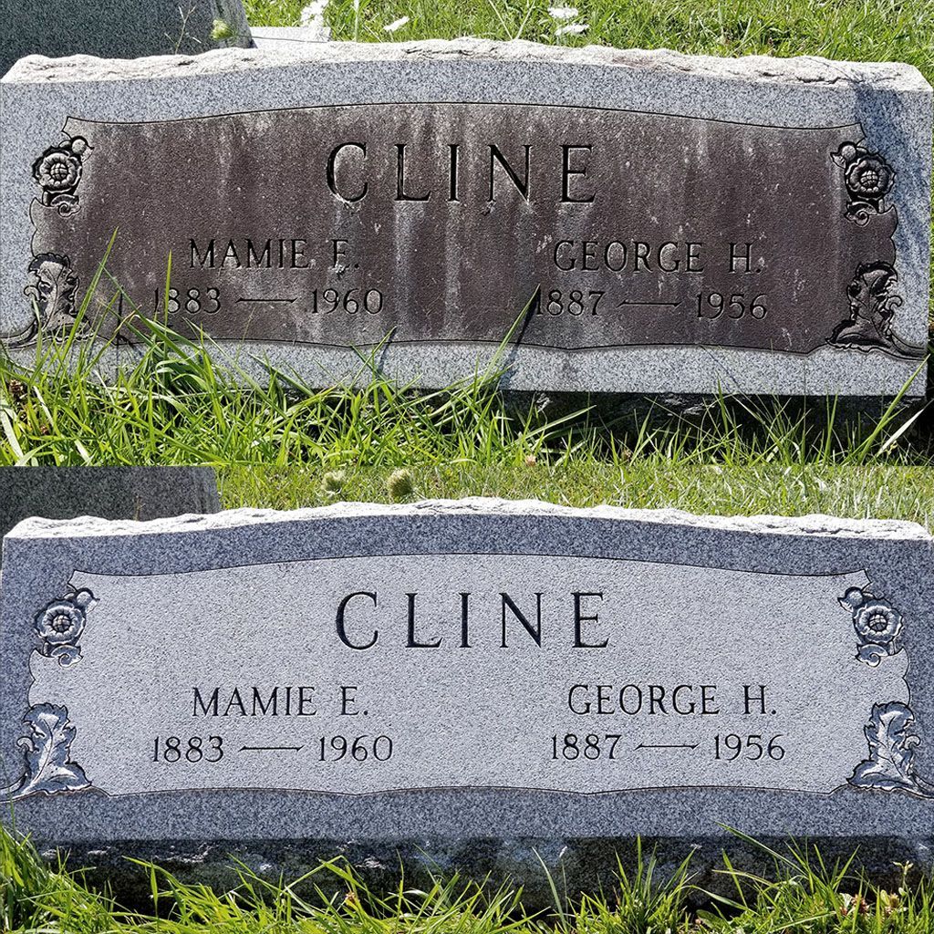 Two views of a granite cemetery marker engraved CLINE, with small floral carvings and names/dates.