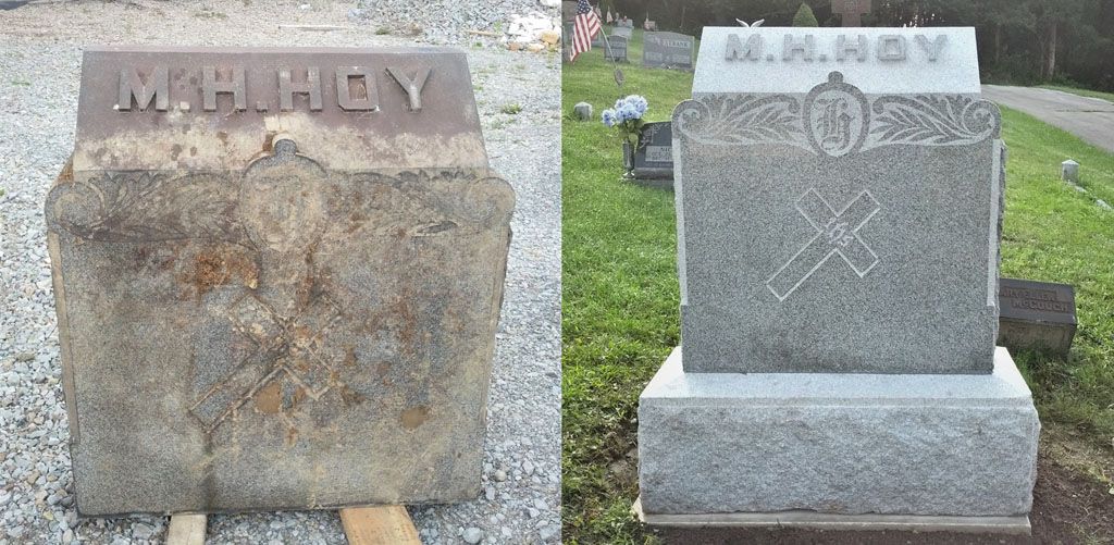 Two stone gravestones in a cemetery, one weathered and one with engraved symbols.