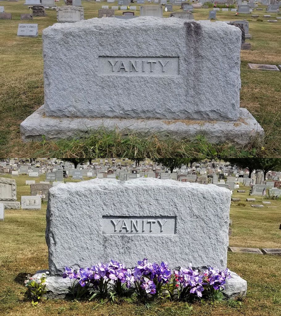 Two views of a granite cemetery headstone engraved “VANITY,” one plain and one with purple flowers.