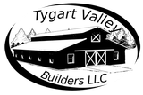 Black and white logo: barn, "Tygart Valley Builders LLC" in oval with trees.