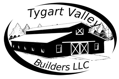 Black and white logo: barn, "Tygart Valley Builders LLC" in oval with trees.