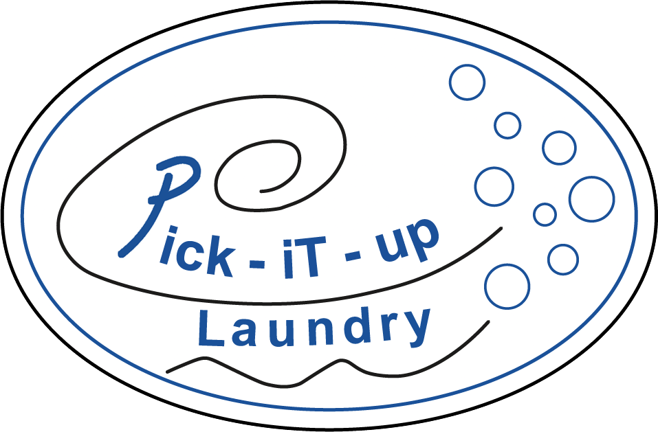 Logo for Pick-iT-up Laundry: blue text and swirls in a white oval, with bubbles.