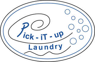 Logo for Pick-iT-up Laundry: blue text and swirls in a white oval, with bubbles.
