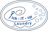 Logo for Pick-iT-up Laundry: blue text and swirls in a white oval, with bubbles.