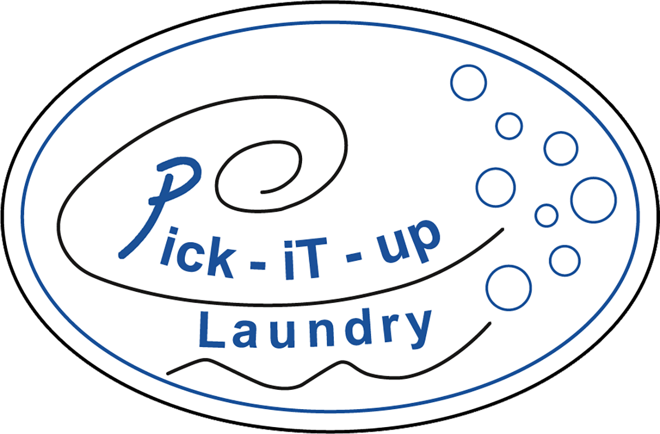 Logo for Pick-iT-up Laundry: blue text and swirls in a white oval, with bubbles.