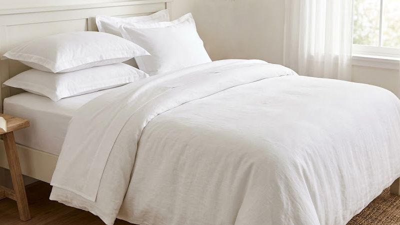 Bed room, white pillows, bed sheet, bed cover. 