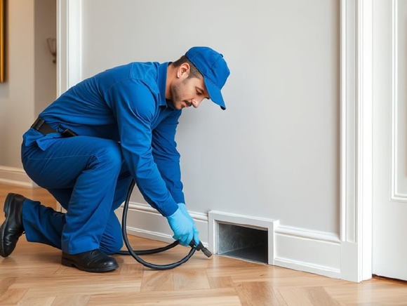 Technician in blue uniform inspecting a wall vent with a hose in a home interior