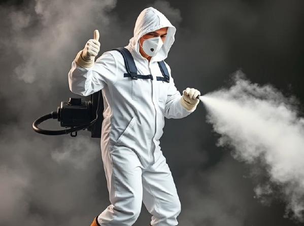 Person in white protective suit spraying disinfectant from a backpack sprayer outdoors