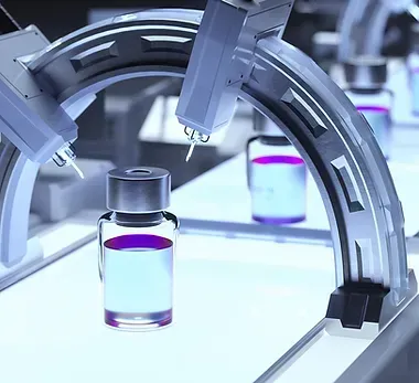 A robotic arm is holding a bottle of liquid.