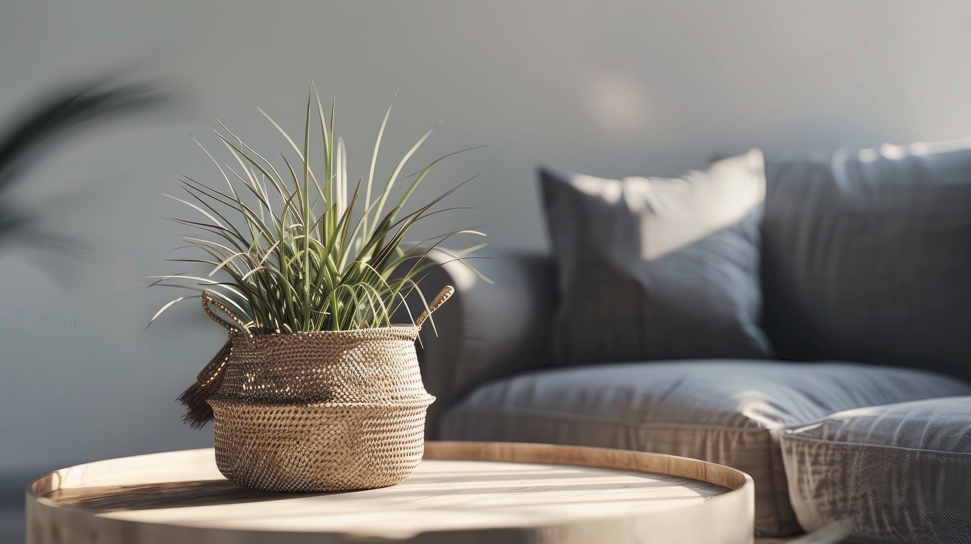 Photo of a jute-like planter, with a plant in it, on a round table, with a couch in the background