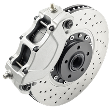 White perforated disc brake rotor with silver caliper on a white background | Lowry Repair Center Inc