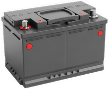 Black automotive battery with red terminals and a top handle on a white background | Lowry Repair Center Inc