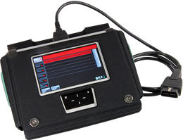 Black handheld electronic device with a small screen, buttons, and attached cables on a white background | Lowry Repair Center Inc