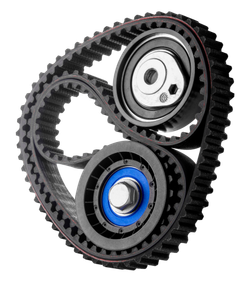 Black timing belt wrapped around three pulleys, including a blue and a silver bearing. | Lowry Repair Center Inc