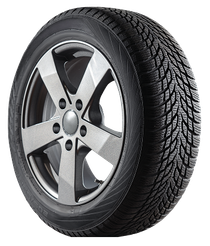 Car wheel with five-spoke alloy rim and black treaded tire on a white background | Lowry Repair Center Inc