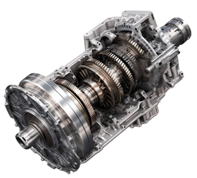 Cutaway view of a shiny metal automotive transmission showing gears and internal components | Lowry Repair Center Inc