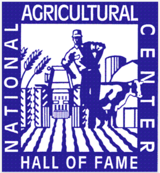 Blue and white logo of the National Agricultural Center and Hall of Fame featuring a farmer, a tractor, crops, and a cow.