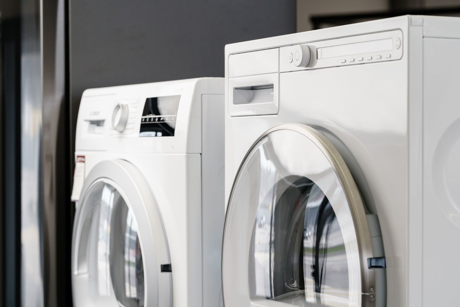 A White Washing Machine Is Sitting In A Laundry Room Next To A Plant