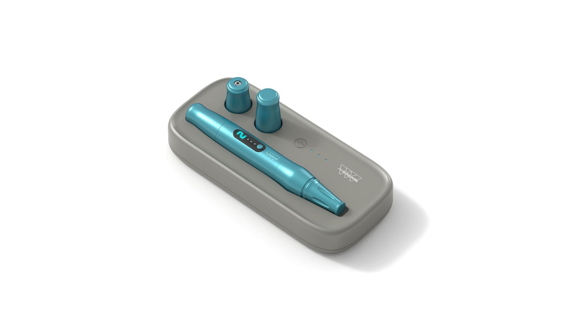 A blue pen is sitting on top of a gray tray.