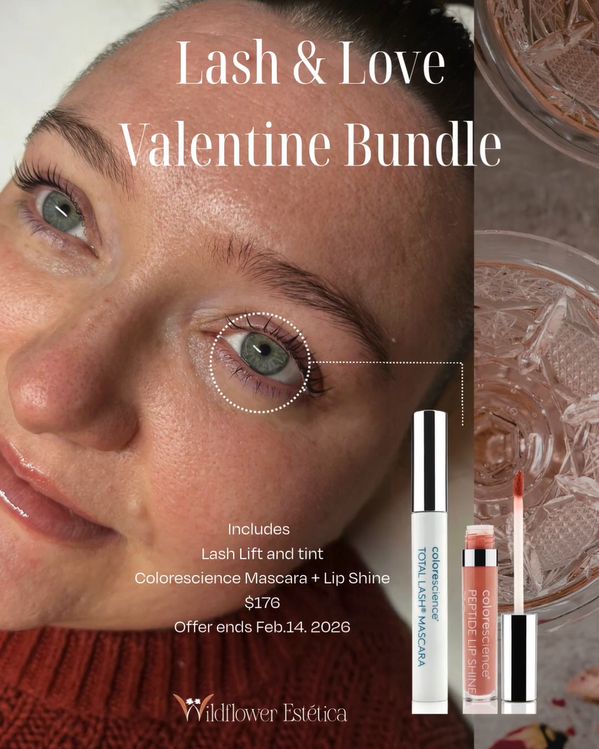 Valentine Bundle ad with close-up face, mascara and lip products on a pink background