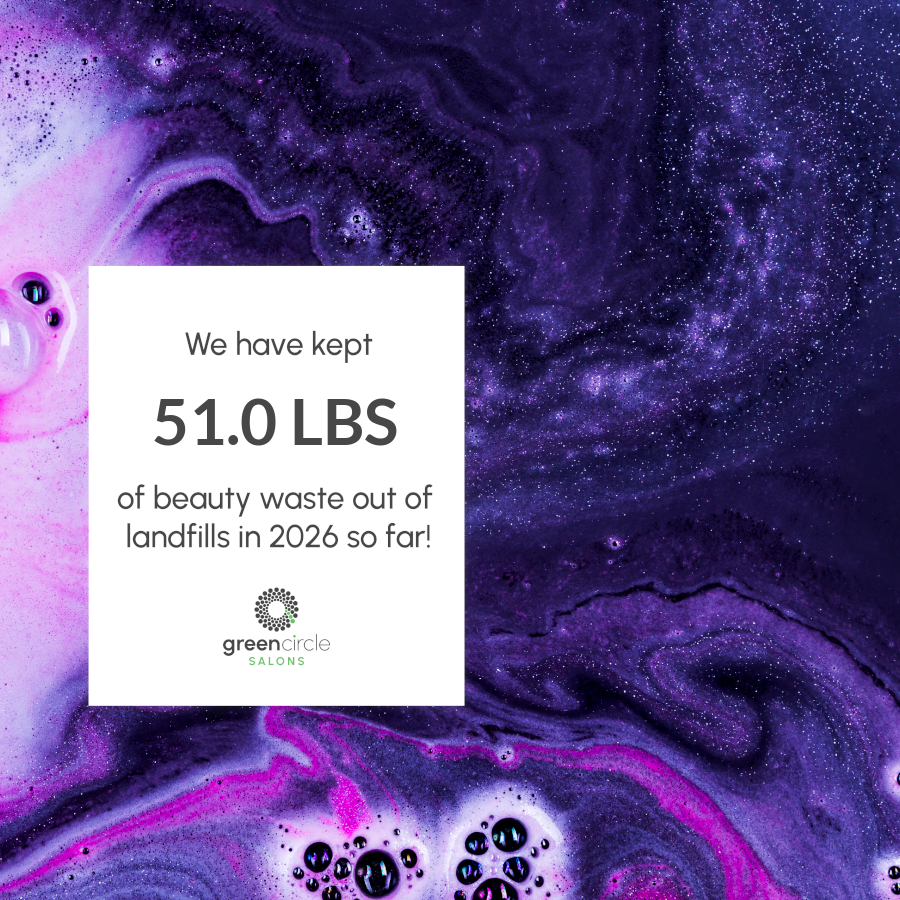 A white text box against a marbled purple background states 51.0 lbs of beauty waste has been kept from landfills in 2026.