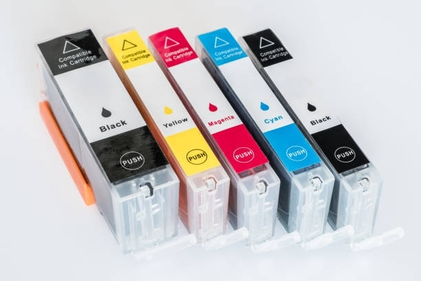 Multicolor set of ink cartridge isolated on white background.