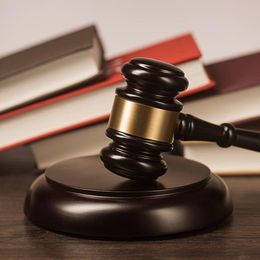 Gavel resting on a wooden block in front of law books.