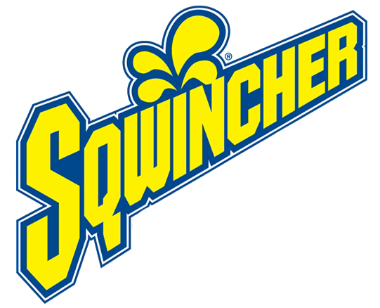 Logo of Sqwincher sports drink: Yellow text on blue angled rectangle with splash graphic.