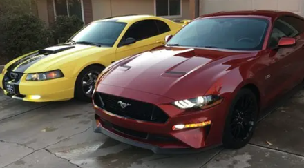 A red mustang is parked next to a yellow mustang — Auto Glass in Albuquerque, NM