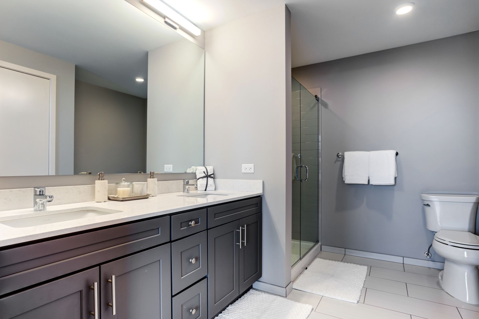 A bathroom with two sinks , a toilet , and a walk in shower.