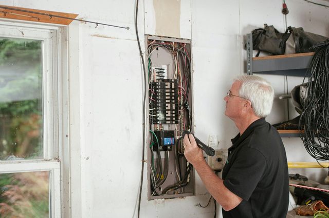 Man inspecting an open electrical panel with exposed wiring indoors