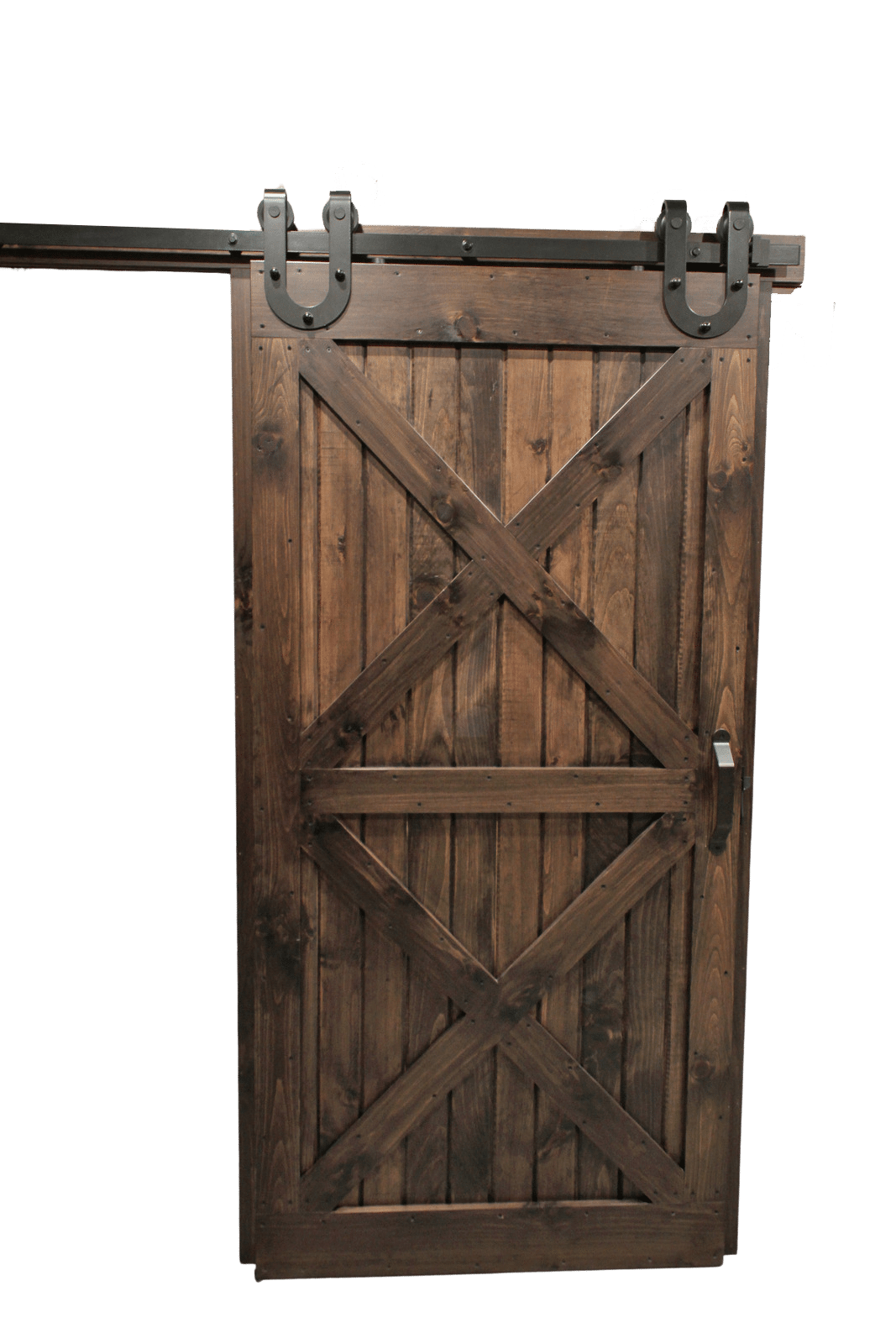 Wooden barn door with an X-shaped design, hanging from a black metal track.