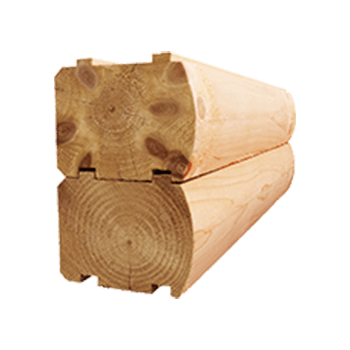 Two stacked, interlocking wooden logs, showing end grain and rounded sides.