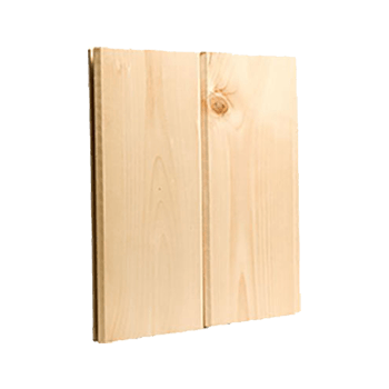 Two pieces of unfinished light-colored wood paneling, joined, with vertical wood grain and a knot visible.