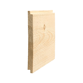 Wooden shiplap board, light-colored, showing a profile.