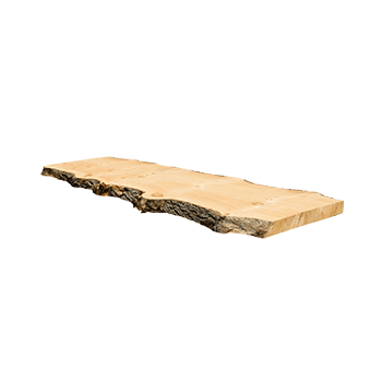 Wooden slab with natural edge, light brown, set against a white background.
