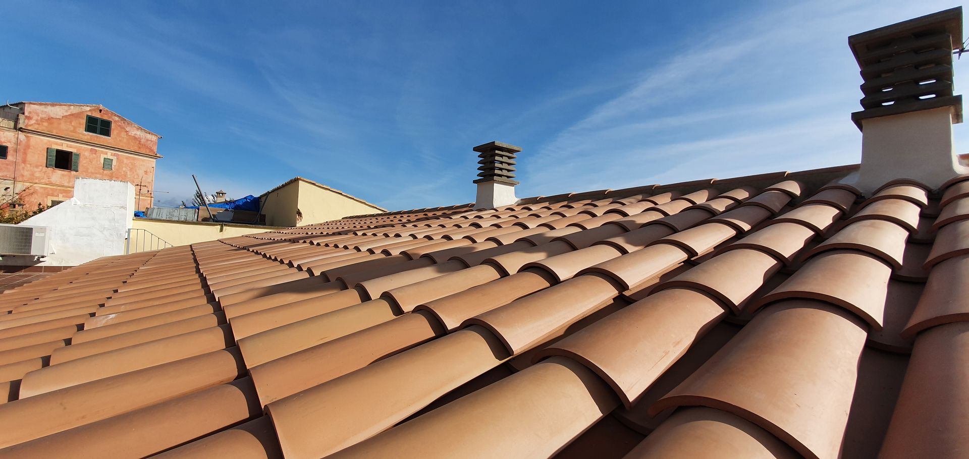 Tejas de terracota bajo un cielo azul, con chimeneas y tejados cercanos al fondo.