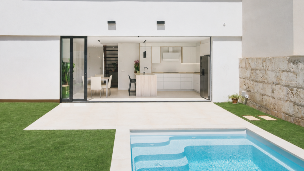 Patio interior de una casa moderna de color blanco con puertas de cristal, césped, muro de piedra y una pequeña piscina azul.
