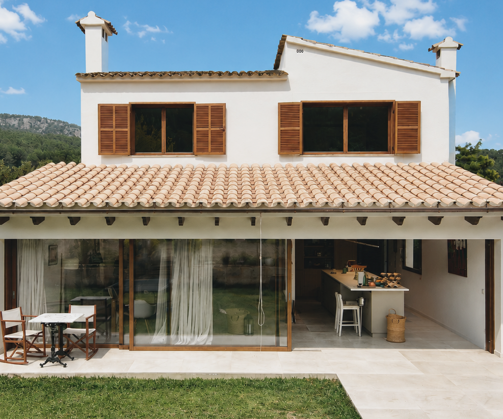 Casa blanca de dos plantas con tejado de terracota, contraventanas de madera, puertas de cristal que dan al patio y zona de comedor al aire libre.