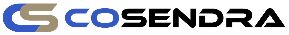 Logotipo de Cosendra en azul y gris con el icono “CS” estilizado.