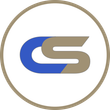 Logotipo CS azul y beige dentro de un borde circular beige sobre un fondo blanco.