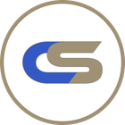 Logotipo CS azul y beige dentro de un borde circular beige sobre un fondo blanco.