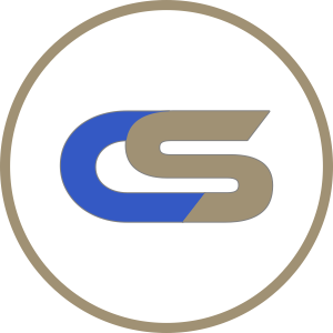 Logotipo CS azul y beige dentro de un borde circular beige sobre un fondo blanco.