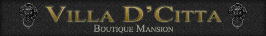 Gold text "Villa D'Citta Boutique Mansion" on a dark background, ornate symbols on each side.