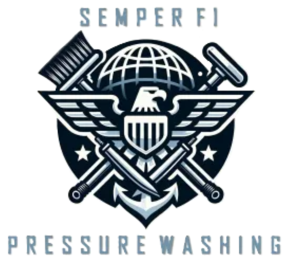 Logo featuring an eagle, globe, and anchor with crossed cleaning tools, reading "SEMPER FI PRESSURE WASHING" in blue.