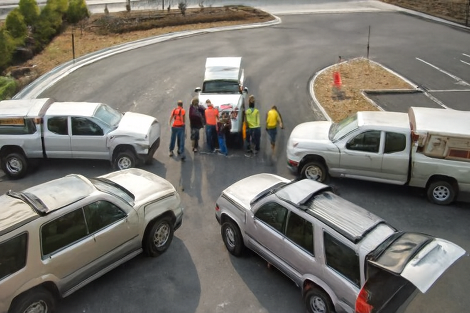A group of workers standing among trucks in a paved area. They are wearing safety vests.
