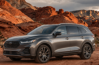 Gray SUV parked on rocky desert terrain with red sandstone cliffs in the background