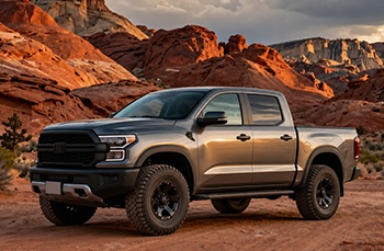 Black pickup truck on a desert road with red rock formations in the background