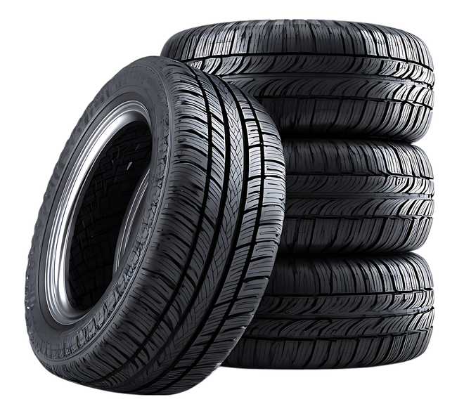 Stack of black car tires, with one tire leaning in front on a white background